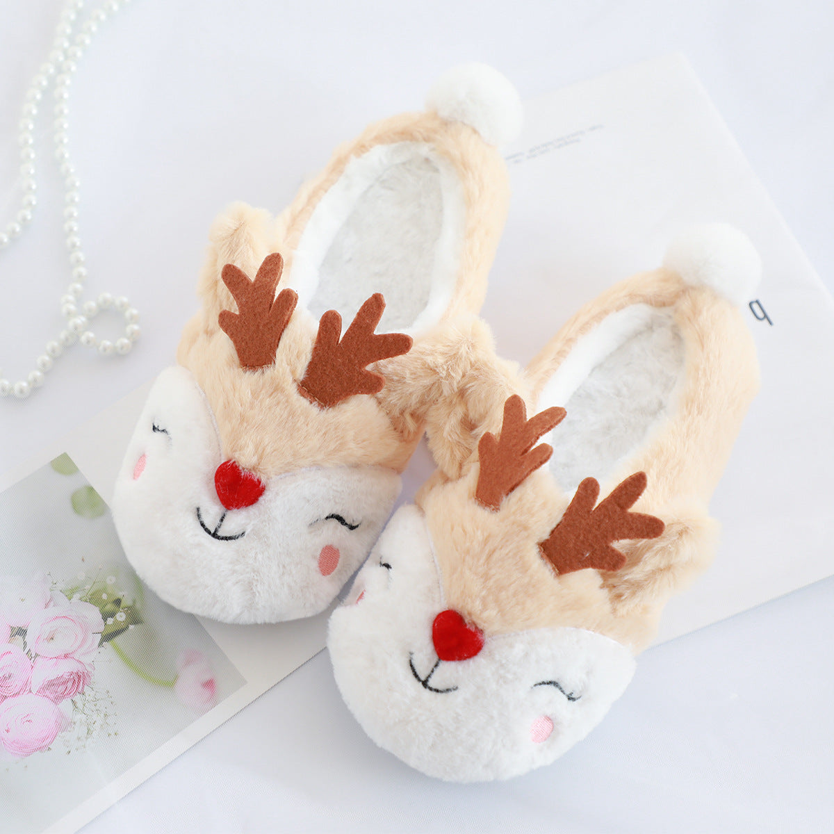 Elk Plush Warm Slippers for Women and Optional Eye Mask