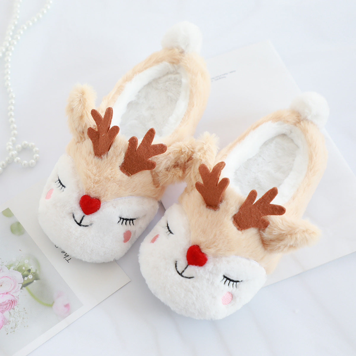 Elk Plush Warm Slippers for Women and Optional Eye Mask