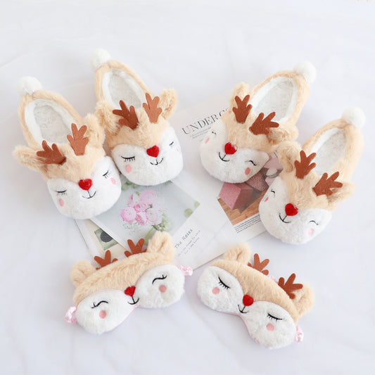 Elk Plush Warm Slippers for Women and Optional Eye Mask